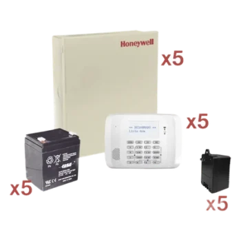 Kit de 5 paneles VISTA-48LA / 8 zonas cableadas + 40 inalámbricas c/u / teclado 6162RF / batería y transformador incluidos / sin comunicador