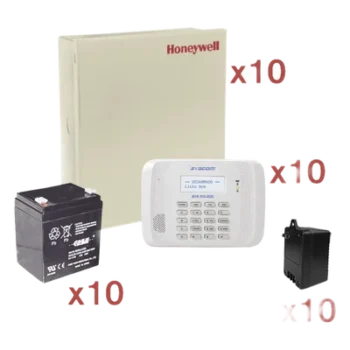 Kit de 10 paneles VISTA-48LA / 8 zonas cableadas + 40 inalámbricas c/u / teclado 6162RF / batería y transformador incluidos / sin comunicador