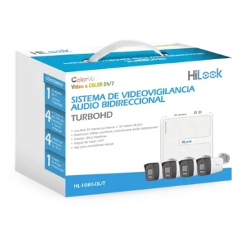 Kit TurboHD / DVR 4 Canales / 4 Cámaras Bala 1080p Lite / Visión Nocturna 20 m (65.6 ft) / Audio Bidireccional / Dual Light / H.265+ / Fuente de Poder Profesional / Cables Siameses 18 m (59.1 ft)