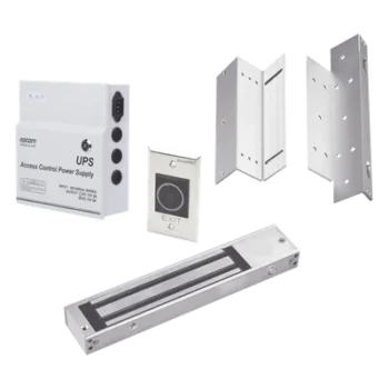 Kit de Control de Acceso / Fuente 12 VCD 5A con Respaldo / Chapa Magnética 600 lbs / Botón Sin Contacto / Montajes L y Z