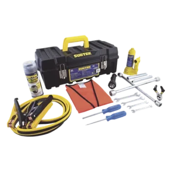 Juego de Herramientas Automotriz / 14 Piezas / Gato 2 Toneladas / Cables Pasacorriente 2.5 m (8.2 ft) / Llaves 8-15 mm / Poncholina 12 oz