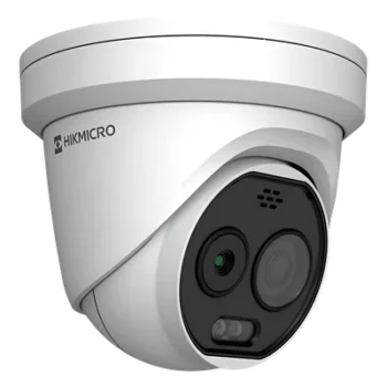 Cámara Turret IP Bi-espectral / Térmica 256×192 / Óptica 5 Megapixel / Detección de Temperatura -20°C a 650°C / Dual Light 30 m (98.4 ft) / IA Avanzada