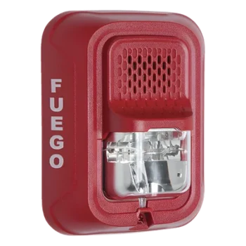 Sirena con estroboscopio / 2 hilos / 12-24 Vcd / candela 15 a 185 seleccionable / rojo con leyenda FUEGO / Serie L