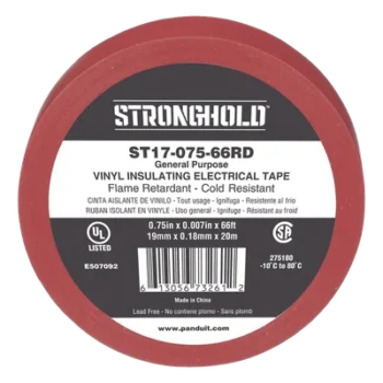 Cinta Aislante Eléctrica / PVC 0.18 mm / 19 mm Ancho / 20.12 m (66 ft) Largo / 600V / -10°C a 80°C / Rojo