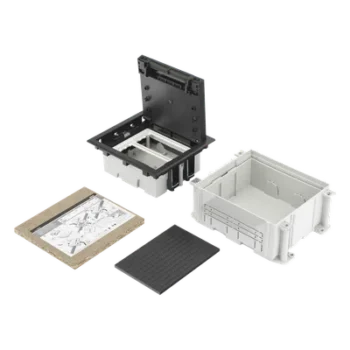 Caja de Suelo / 2 Módulos Dobles K45 / Profundidad Ajustable 70-100 mm (2.76-3.94 in) / Carga 1400 kg / Resistencia Térmica 125 °C / Antillama 850 °C / Registro para Concreto