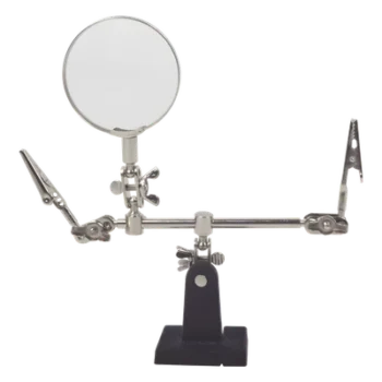 Soporte con lupa y brazos con clip / Lupa 6.2 cm / Aumento 3x / Base hierro fundido / 289 g / 14 x 8 cm (5.5 x 3.1 pulgadas)