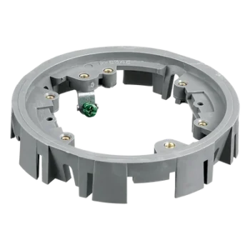 Adaptador para Cajas de Piso de Concreto / Serie PFB Redonda / Material PVC Termoplástico / Montaje con Tornillos / 4 Ganchos Incluidos / Clips Deslizantes / Acepta Tapas Plásticas y Metálicas / Color Gris