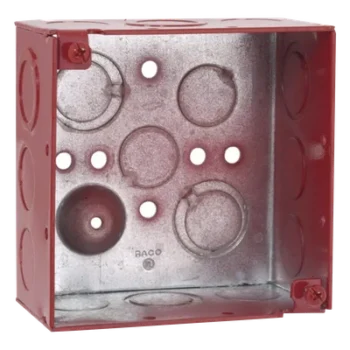 Caja Cuadrada Galvanizada de 4" /Profundidad de 2 1/8" / Cuenta con 11 KO de 1/2" y 6 TKO (1/2" - 3/4")/ Color Rojo.
