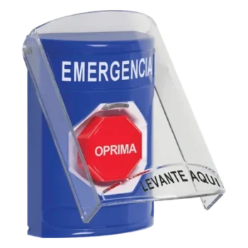 Botón Multipropósito / Superficie / Policarbonato / 2 Relevadores Forma C / LED Tricolor / Emergencia Español / Interior / Sin Bocina Pre-Alarma / Llave Restablecer