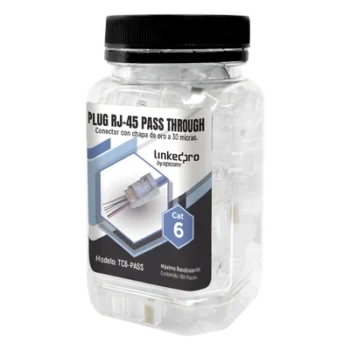 Bote de Plugs Pass Through RJ45 Cat6 / 100 Piezas / Sin Blindaje / Chapado Oro 30 Micras / Diseño Monopieza