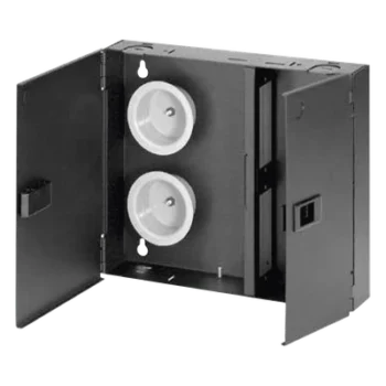 Caja de Conexión de Fibra Óptica / Montaje en Pared / 2 Placas FAP o FMP / Hasta 48 Fibras / Área de Bobinado Integrada / Cierre con Opción de Cerradura