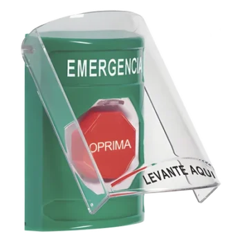Botón de Emergencia de Superficie / Tapa de Policarbonato / Bocina Pre Alarma / 2 Relés C 10 A / Texto en Español / Solo Interior
