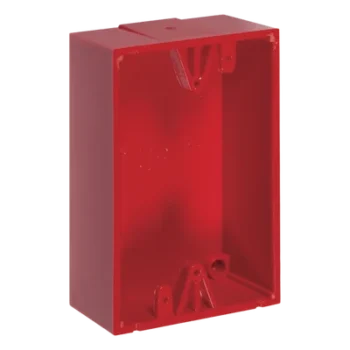 Caja trasera de montaje en superficie / Policarbonato resistente / 1.5 pulgadas (38mm) / Compatible botones STI #0, #1, #3, #4, #7 / Clasificación 5VA / UL y cUL / Rojo y azul