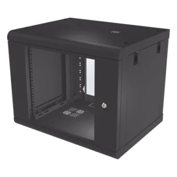 Gabinete de Pared de 9U con Puerta de Cristal Templado, 479.5 mm de Profundidad, Rack de 19'', Acero Reforzado Color Negro.