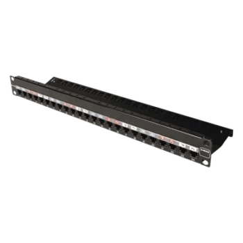 Patch Panel / 24 Puertos / Modular Vacío / Plano / 1UR / Cat 6A Blindado / Acero Negro