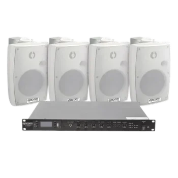Kit Amplificador de Audio para Rack / 120W RMS / 4 Altavoces de Pared IP54 / Sistema 70/100V / 4 Entradas Micrófono / Bluetooth MP3 Tuner USB