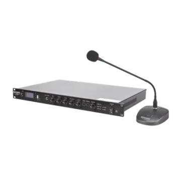 Kit Amplificador de Voceo / 120W RMS / Salida 100V/4Ω / Bluetooth / USB / MP3 / FM / 4 Entradas de Micrófono / Micrófono de Escritorio