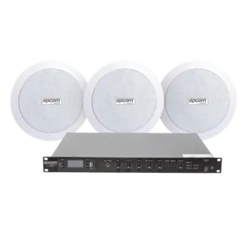 Kit de Amplificador de 120W RMS para Rack / Salida 100V/4Ω / 3 Altavoces de Plafón Coaxiales 5.5" / Sistema 70/100V / Bluetooth, MP3, USB, FM / 4 Entradas de Micrófono / Resistente a Humedad