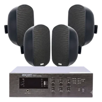 Kit de Sonido Ambiental / Amplificador 240W RMS / Salida 70V/100V / 4 Altavoces de Pared 5" / Bluetooth y MP3 Integrados / Taps 3W-50W