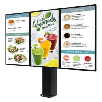 Kiosco digital exterior / 55" / IP65 / UL 48 / Base pedestal 8" / Rotación 30° / 3 pantallas / 1.83 m / Drive-thru
