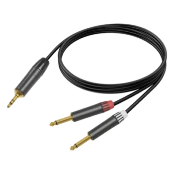 Cable de Audio Profesional / Plug 3.5 mm Estéreo a 2 Plugs 6.35 mm (1/4 in) Mono / Longitud 5 m (16.4 ft) / Conectores Chapados en Oro / Carcasa Negra