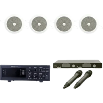 Kit de Audio para Conferencias / Amplificador 120W / 2 Micrófonos UHF / 4 Altavoces de Plafón 4" / Bluetooth y MP3 / Alcance 100 m (328 ft)