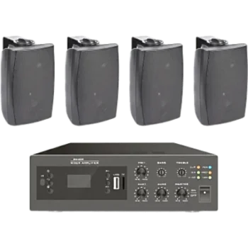 Kit Amplificador de Audio / 240W / Bluetooth FM MP3 / 4 Altavoces de Pared 2 Vías / Sistema 70/100V / Phantom 48V