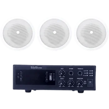 Kit de Sonido Ambiental / Amplificador 120W / 3 Altavoces de Plafón 5" / Sistema 70/100V / Bluetooth y USB / Entrada XLR Phantom 48V