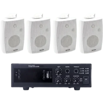 Kit de Amplificador de 120W para Escritorio / 4 Altavoces de Pared 2.5W - 20W / Sistema 70/100V / Bluetooth / USB / FM / XLR con Phantom 48V