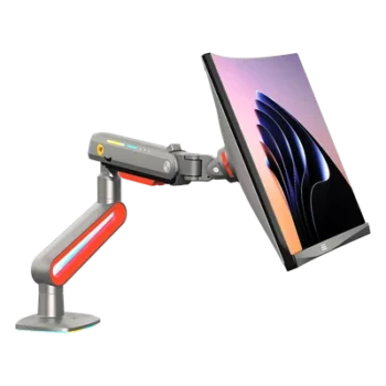 Montaje de Escritorio Ideal Para Monitores Gaming de 32"- 60" / Capacidad de Carga Maxima 20 Kg / Vesa 75 x 75 - 100 x 100 / Acero / Giro 360° / Color Carbon Mate con Cubierta Plastica Color Rojo / Iluminación RGB