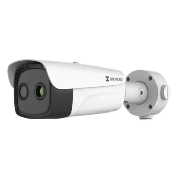 Cámara Bala IP Bi-espectral / Térmica 256×192 / Óptica 5 MP / IA Guanlan / Medición -20°C a 150°C / Detección 10 Puntos de Fuego / Iluminador Dual 30 m (98.4 ft) / PoE / IP67 / IK10