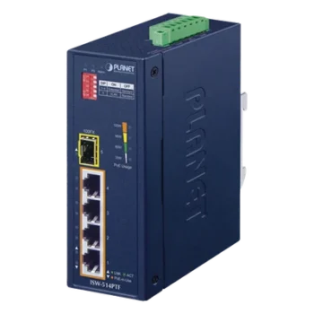 Switch Industrial PoE / 4 Puertos 10/100 Mbps / 1 Puerto 100Base-FX / Rango -40 a 75°C (-40 a 167°F) / IP30 / Conmutación 1 Gbps