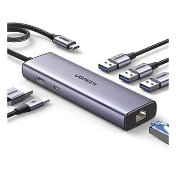 Hub USB-C 6 en 1 / 3 Puertos USB-A 3.0 (5 Gbps) / HDMI 4K@30Hz / PD 100W / Gigabit Ethernet / Aluminio