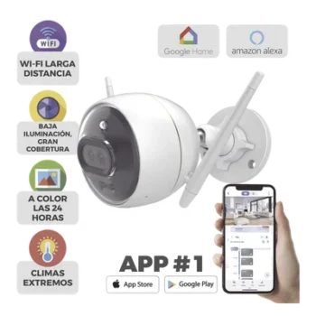 Cámara Bala IP / 2 Megapixel / Doble Lente 2.8 mm / 105° / Visión Nocturna a Color / IR 30 m (98.4 ft) / Wi-Fi 2.4 GHz / IP67 / Audio Bidireccional / Sirena y Luz Estroboscópica