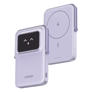 Power Bank Inalambrico | 5000mAh | 7.5W | Con Emojis de Estado | Carga Rápida USB-C Bidireccional | Pantalla TFT Inteligente | 13 niveles de Proteccion | Con Holder | Color Purple.