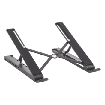 HUB (Docking Station) 5 en 1 con Soporte para Laptop | 2 USB 3.0 a 5Gbps | HDMI 4K@30Hz | Memoria Micro SD (TF) + SD | Amplia Compatibilidad de 10-15" | Ajuste de Altura | Aluminio | PC+ABS | Silicona | Color Negro.