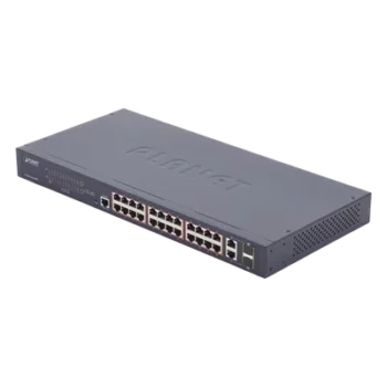 Switch administrable PoE+ / 24 puertos 10/100TX / 2 puertos combo Gigabit TP/SFP / 220W / 6,54 Mpps / 0-50°C / 1,44 x 0,98 x 0,15 pies