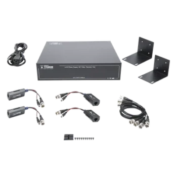 Kit de TRANSCEPTOR ACTIVO DE 4 CANALES / VIDEO+PODER en un solo Cable UTP / 150 metros en 4K, 200 metros en 5 MP/ Envía 36 Vcc y Recibe 12 Vcc / TODO INCLUIDO PARA RACK / Compatible con cámaras HD-TVI/CVI/AHD/CVBS / INSTALACIÓN LIMPIA
