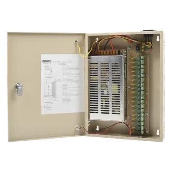 Fuente de alimentación para 12 Vcc, 20 A, 18 salidas; Voltaje de entrada : 100-240 Vca, con capacidad de respaldo, requiere batería