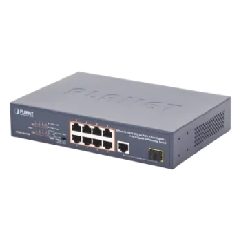 Switch no Administrable 8 puertos 10/100 PoE 802.3af/at 135W, 1 puerto Uplink 10/100/1000 y 1 SFP 100/1000 para escritorio