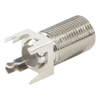 Conector F Hembra / Montaje Vertical PCB / 4 Terminales de Soldadura / Separación 0.32" / Cuerpo Níquel / Contacto Estañado / Dieléctrico Polietileno