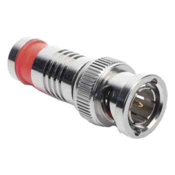 Conector BNC Macho en 75 Ohm, Montaje de Compresión Axial para Cable Coaxial RG-6/U, Níquel/ Oro/ Teflón.