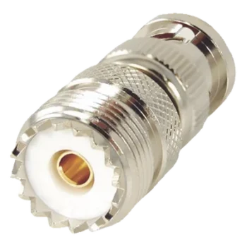 Adaptador RF en Línea / 50 Ohm / BNC Macho a UHF Hembra SO-239 / Cuerpo Níquel / Contacto Oro / Aislante Delrin