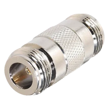 Adaptador Coaxial Tipo Barril / 50 Ohm / Conector N Hembra a N Hembra / Montaje en Línea / Cuerpo Bronce Plateado / Contacto Oro / Aislante Teflón
