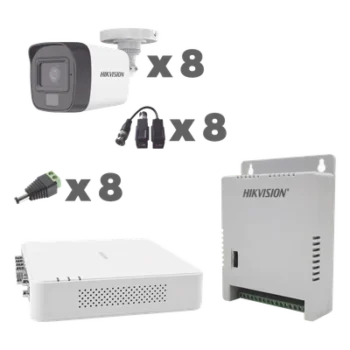 Kit TurboHD / DVR 8 Canales / Audio por Coaxitron / 8 Cámaras 1080p / Micrófono Integrado / Luz Blanca + IR / Fuente Ajustable 12-15 V