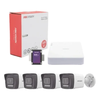 Kit de Videovigilancia IP / 4 Megapixel / NVR 4 Canales PoE+ / 4 Cámaras Bala Dual Light / IR 30 m (98.4 ft) / Luz Blanca 30 m (98.4 ft) / Audio Integrado / SSD 1 TB / Cable 100 m (328.1 ft)