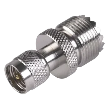 Adaptador Coaxial en Línea / Mini UHF Macho a UHF Hembra (SO-239) / Cuerpo Níquel / Contacto Oro / Aislante Teflón