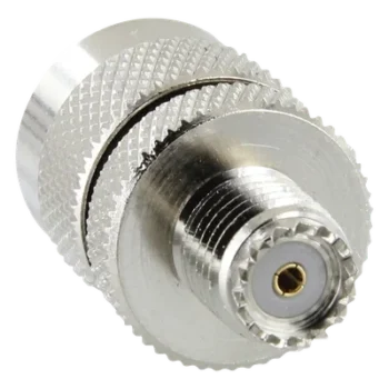 Adaptador RF / Mini UHF Hembra a UHF Macho (PL-259) / Montaje en Línea / Cuerpo Níquel / Contacto Oro / Aislante Teflón
