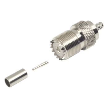 Conector UHF Hembra / SO-239 / Anillo Plegable / Cable RG-58/U y RG-142/U / Níquel y Plata / Delrin