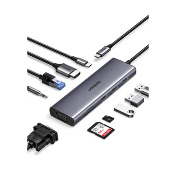 Hub USB-C / 10 en 1 / HDMI 4K@30Hz / VGA 1920x1200 / 3x USB 3.0 5Gbps / Ethernet Gigabit / SD/TF / PD 100W / Audio 3.5mm / Aluminio